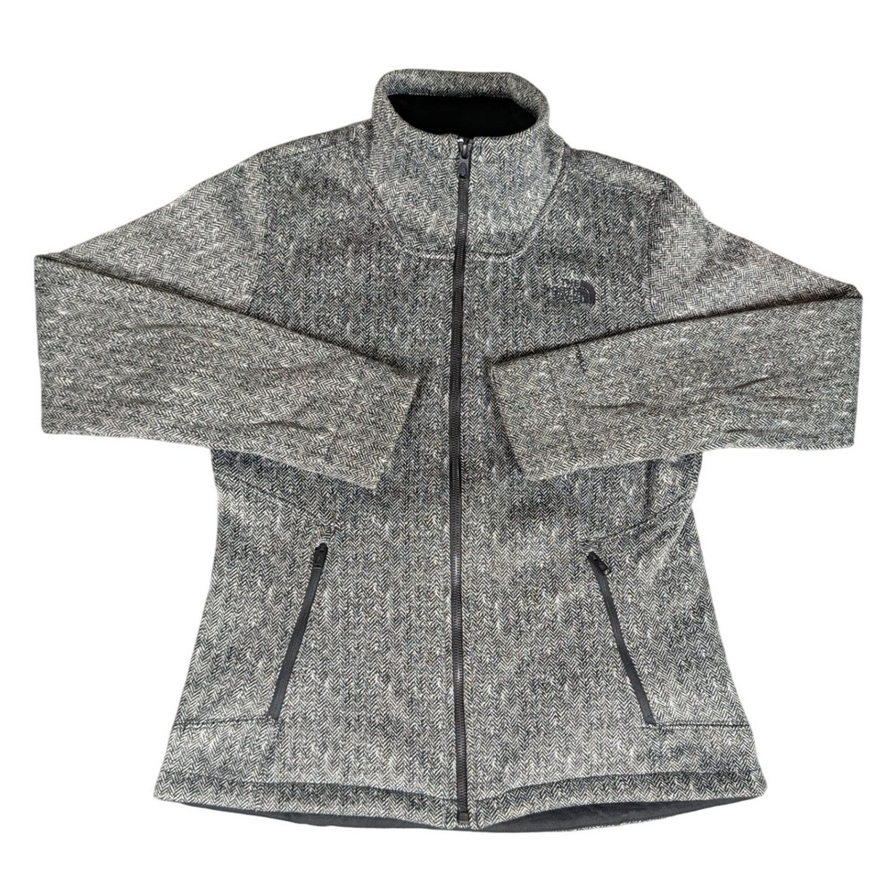 The North Face Full Zip Fleece Jacket Womens M Gray Herringbone Knit Excellent